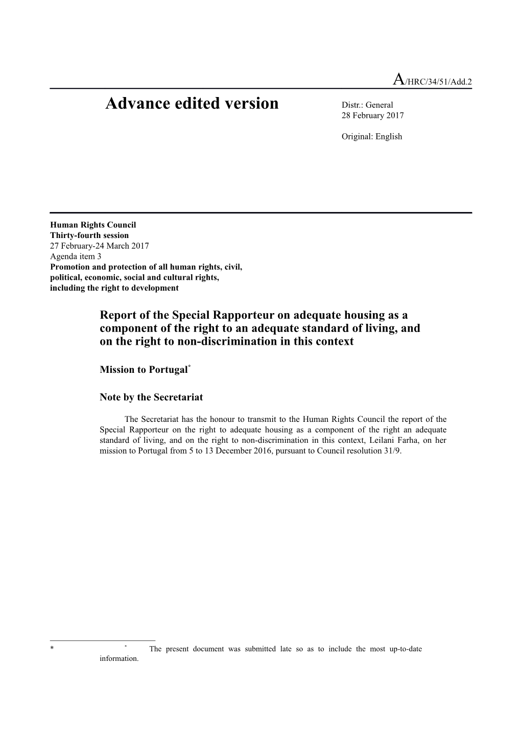 Report of the Special Rapporteur on Adequate Housing - Mission to Portugal in English