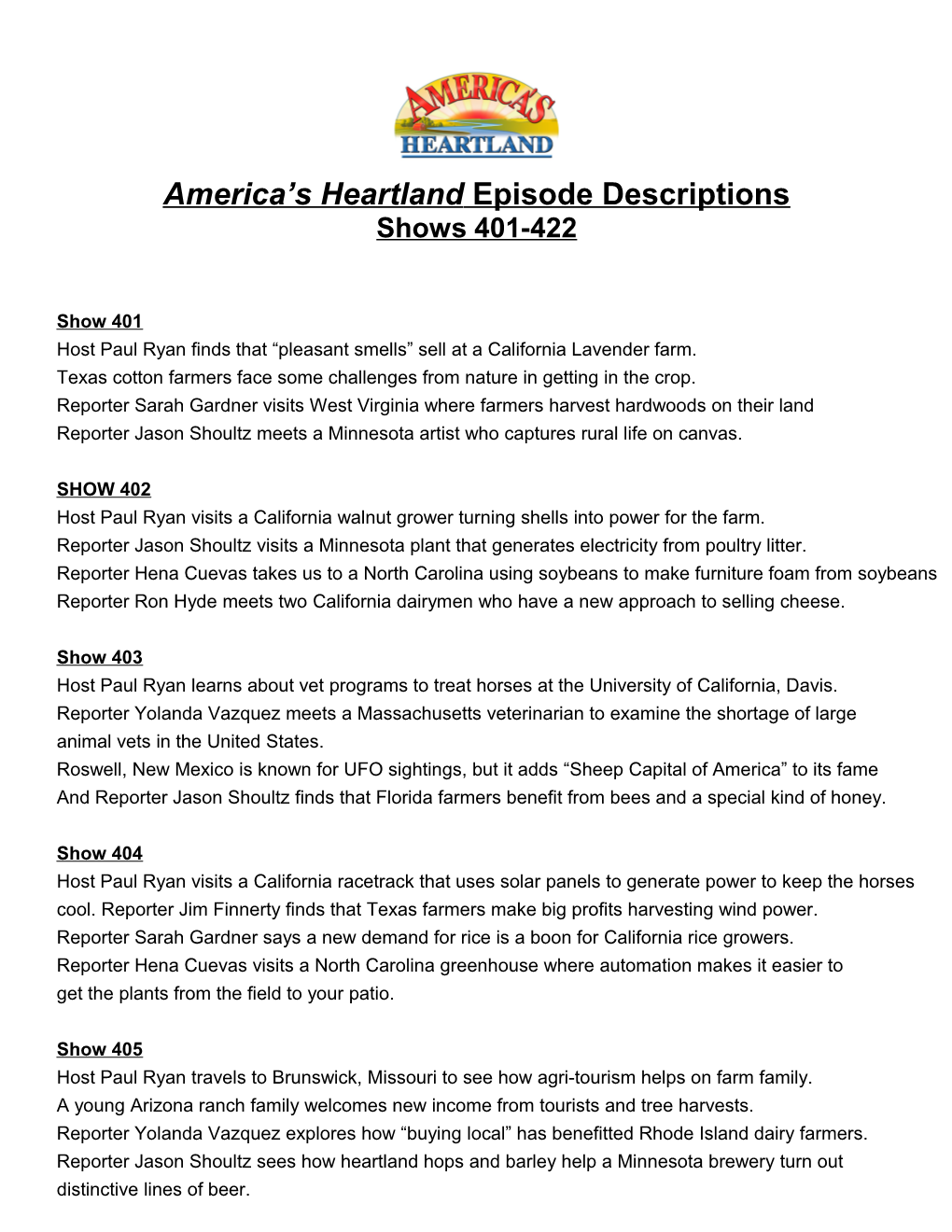 America S Heartlandepisode Descriptions