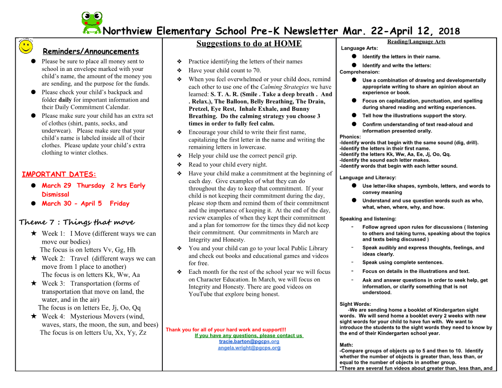 Northview Elementary School Pre-K Newsletter Mar. 22-April 12, 2018