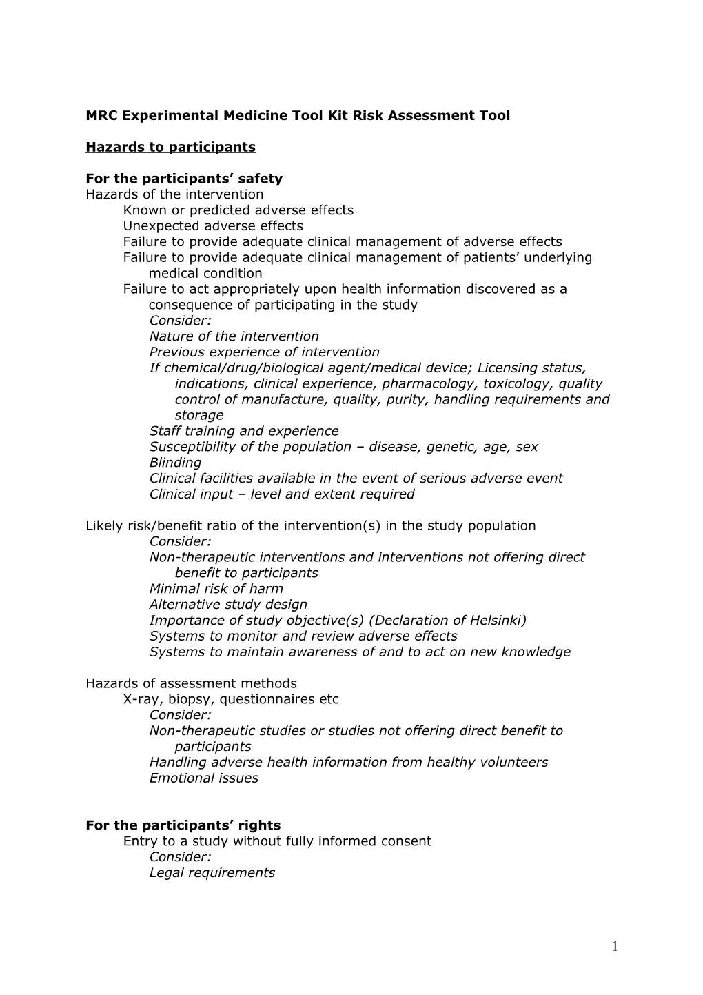 MRC Experimental Medicine Tool Kit Risk Assessment Tool