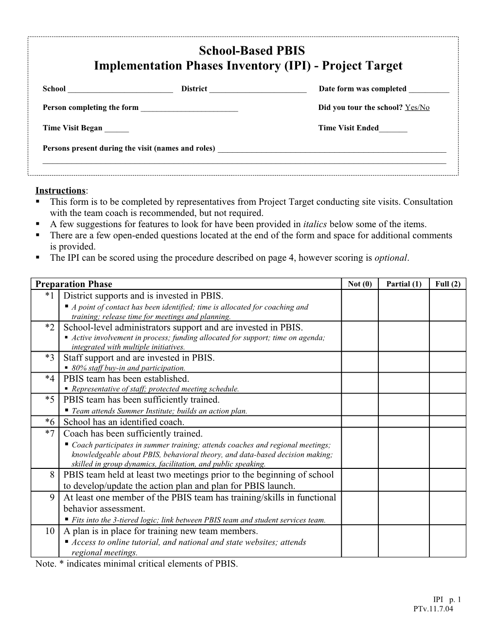 Implementation Phases Inventory (IPI) - Project Target