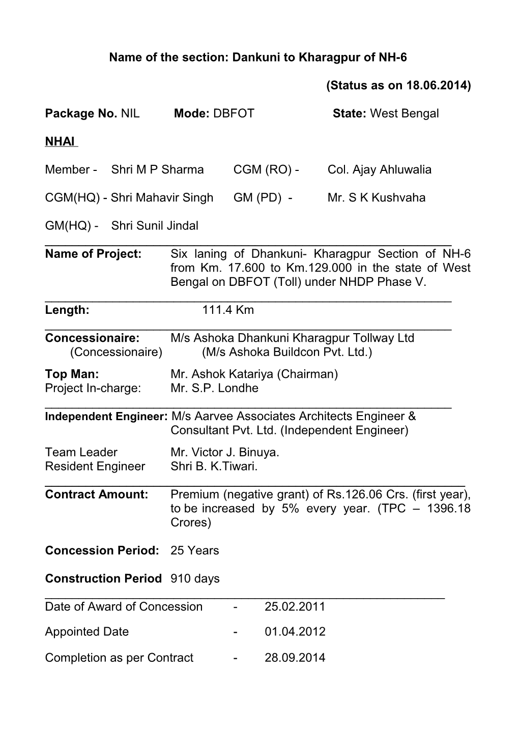 Name of the Section: Dankuni to Kharagpur of NH-6