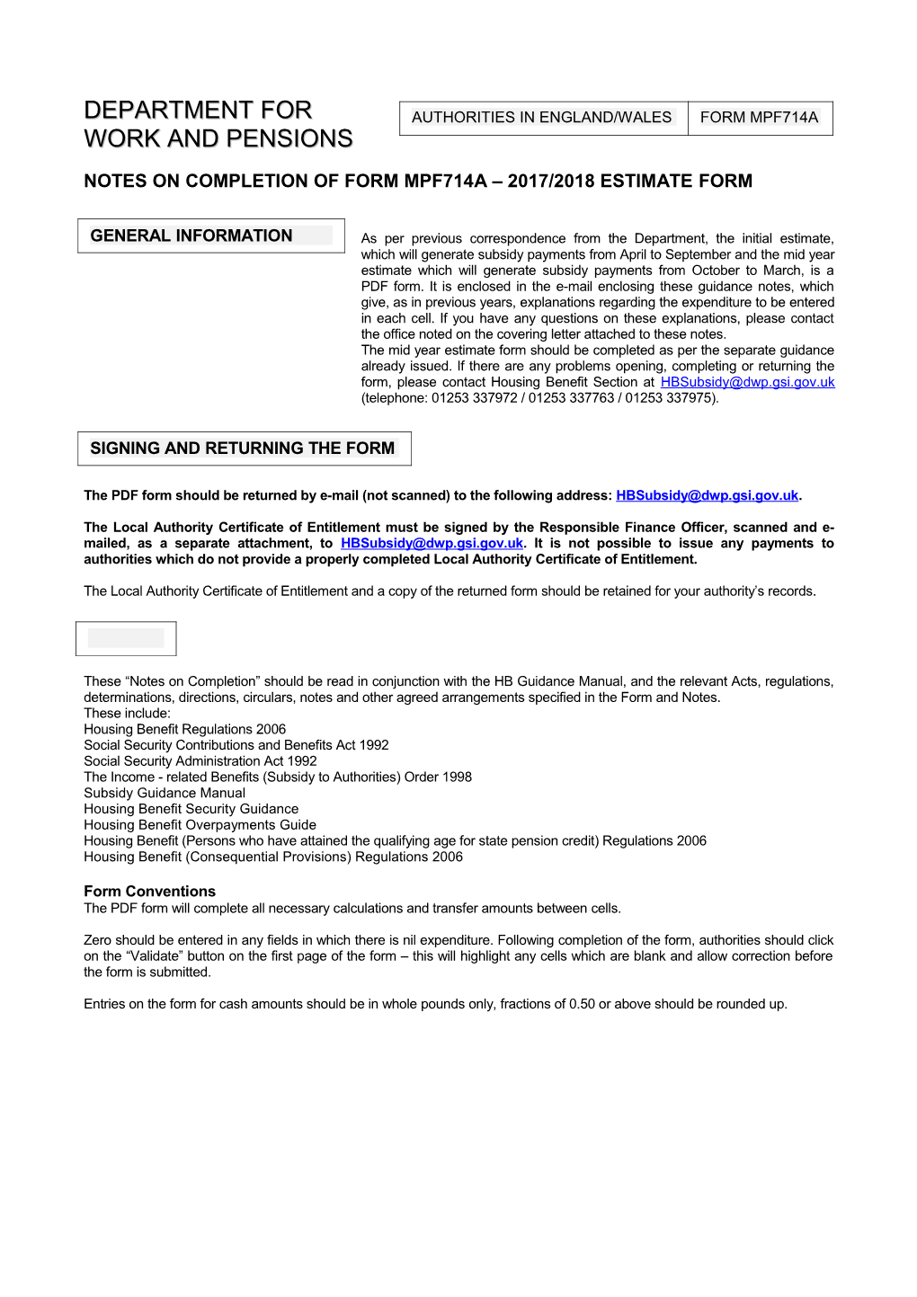 2017/18 Housing Benefit Subsidy Mid-Year Estimate Guidance Notes for England and Wales