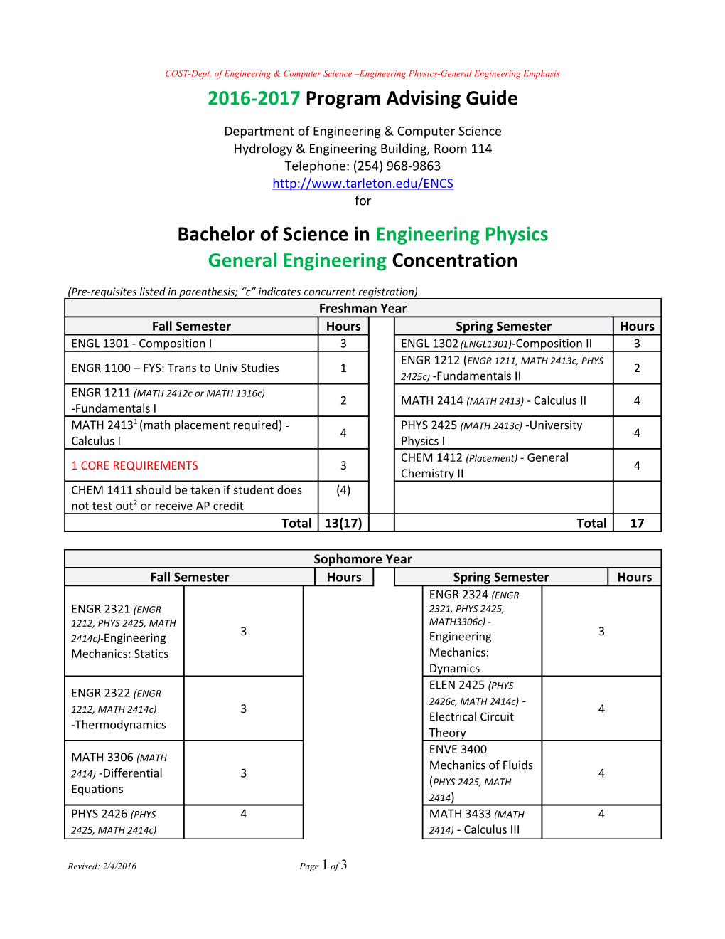 COST-Dept. of Engineering & Computer Science Engineering Physics-General Engineering Emphasis
