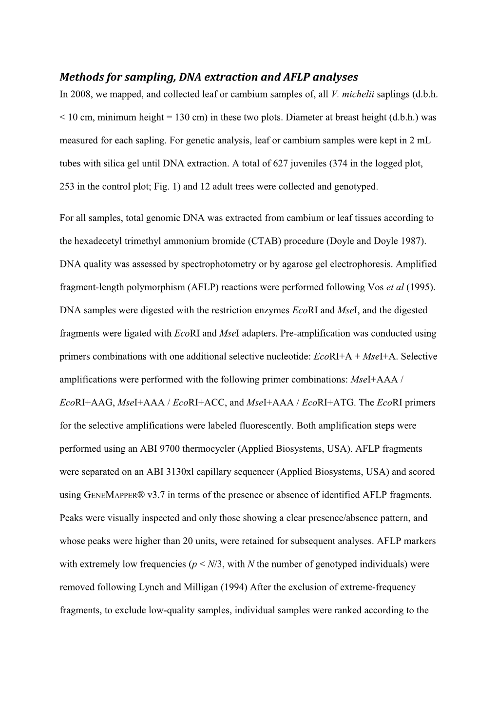 Methods for Sampling, DNA Extraction and AFLP Analyses