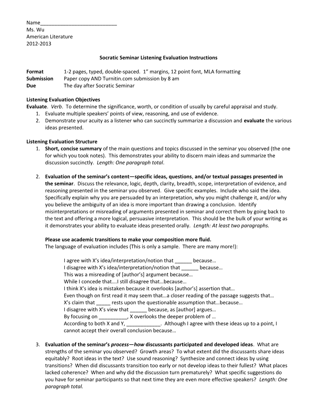 Socratic Seminar Listening Evaluation Instructions