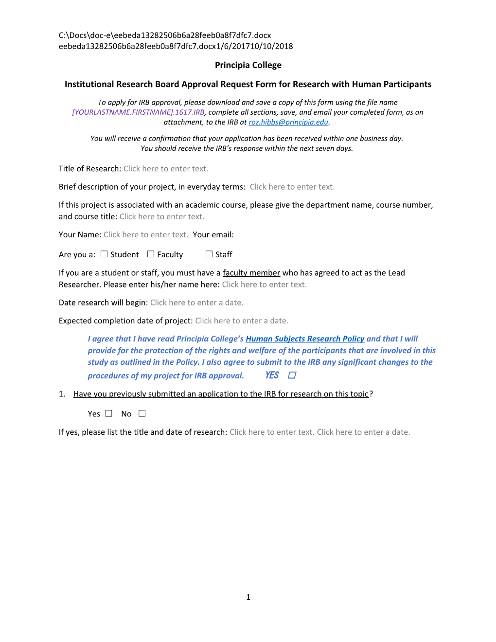 Institutional Research Board Approval Request Form for Research with Human Participants