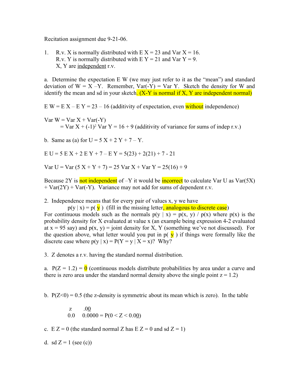 Recitation Assignment Due 9-21-06