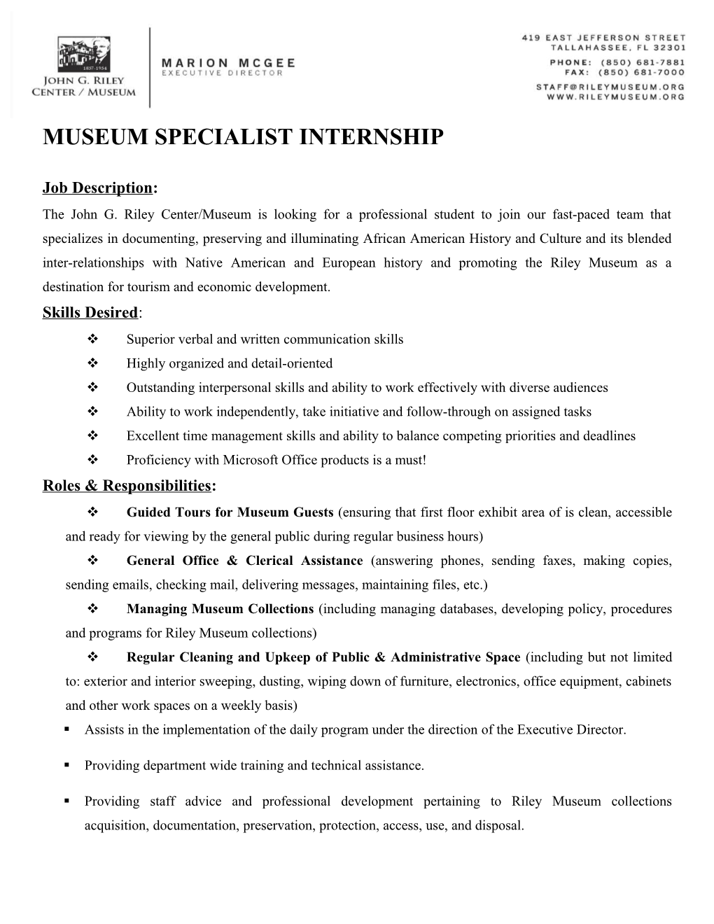Museum Specialist Internship