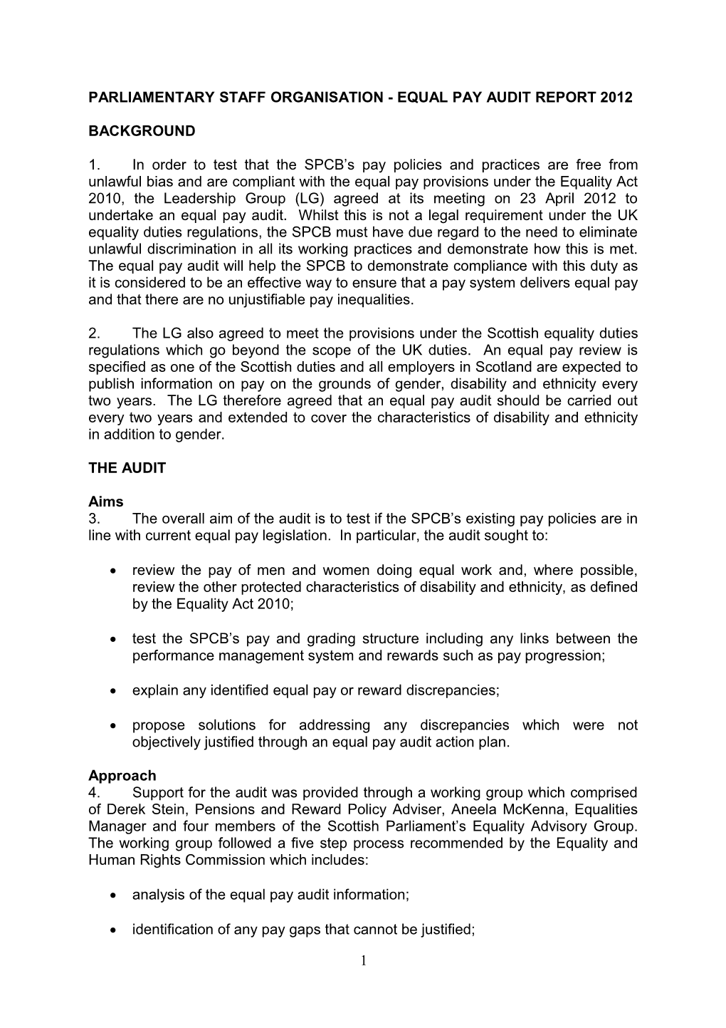 Parliamentary Staff Organisation - Equal Pay Audit Report August 2012