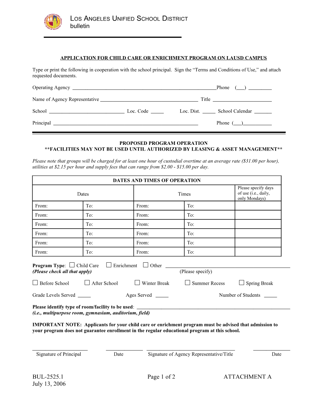 Application for Child Care Or Enrichment Program on Lausd Campus