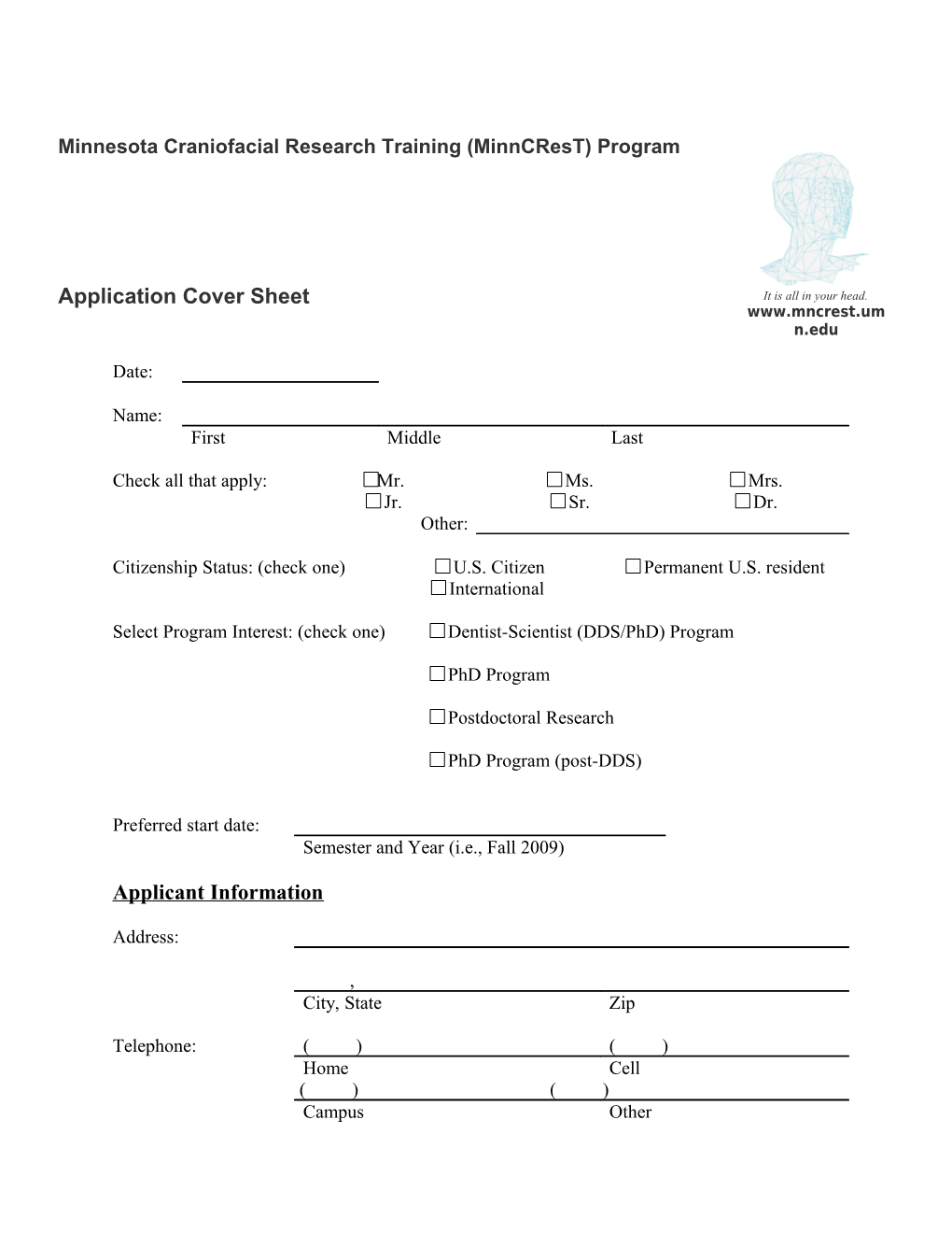 Minncrest Application Cover Sheet