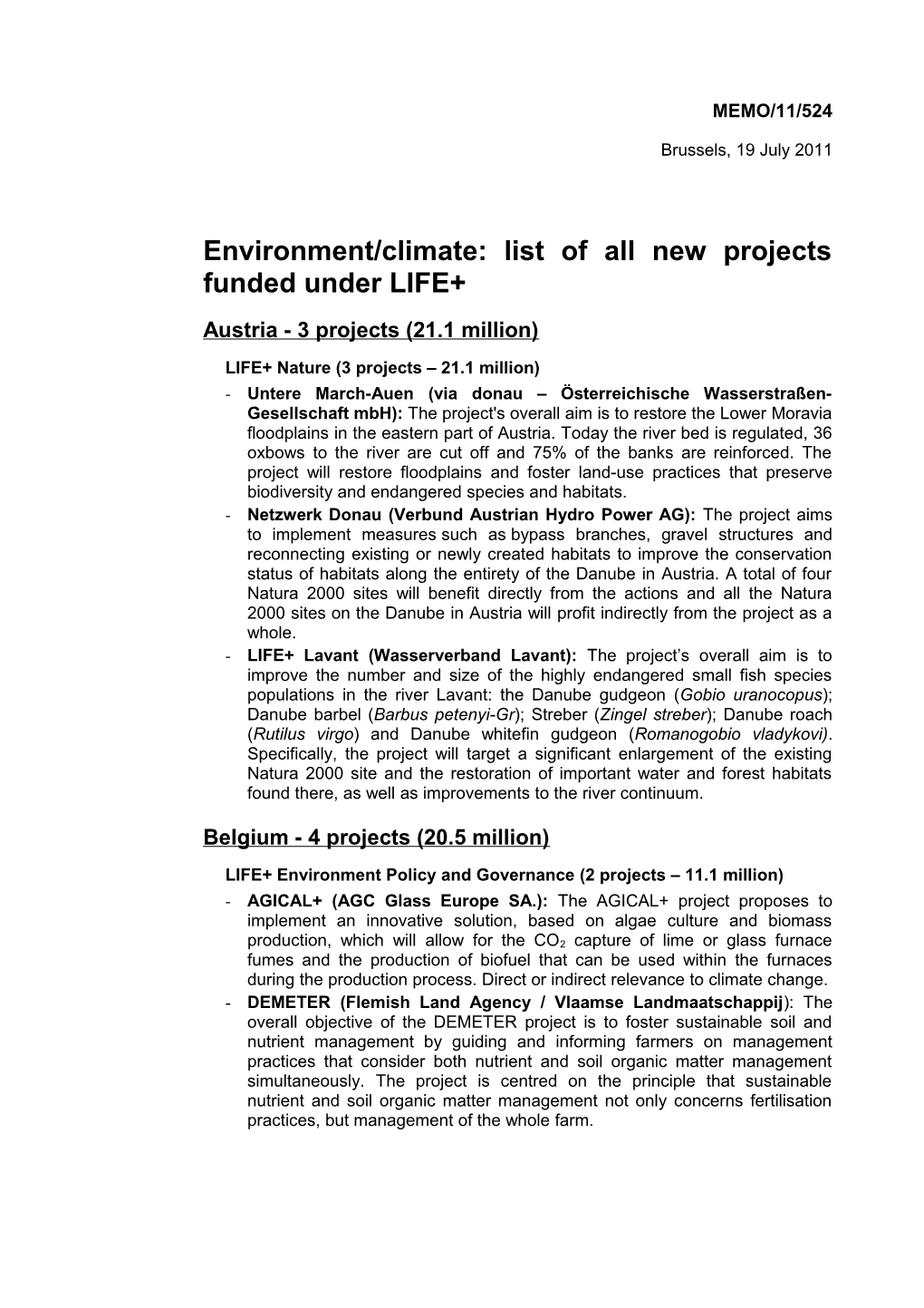 Environment/Climate: List of All New Projects Funded Under LIFE+