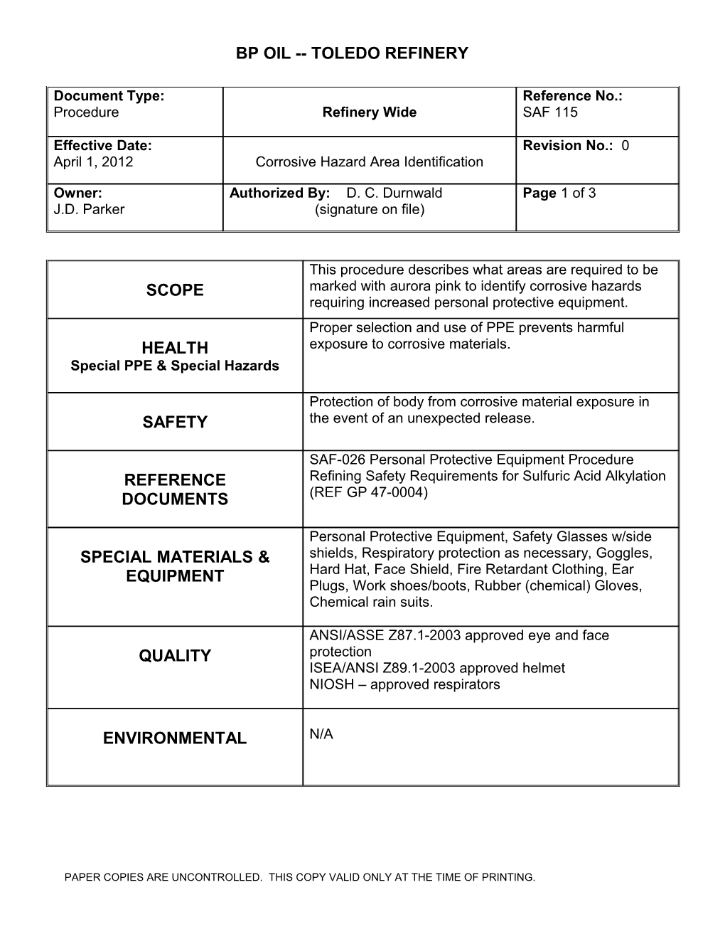 Reference No. SAF 115 Rev. No. 0