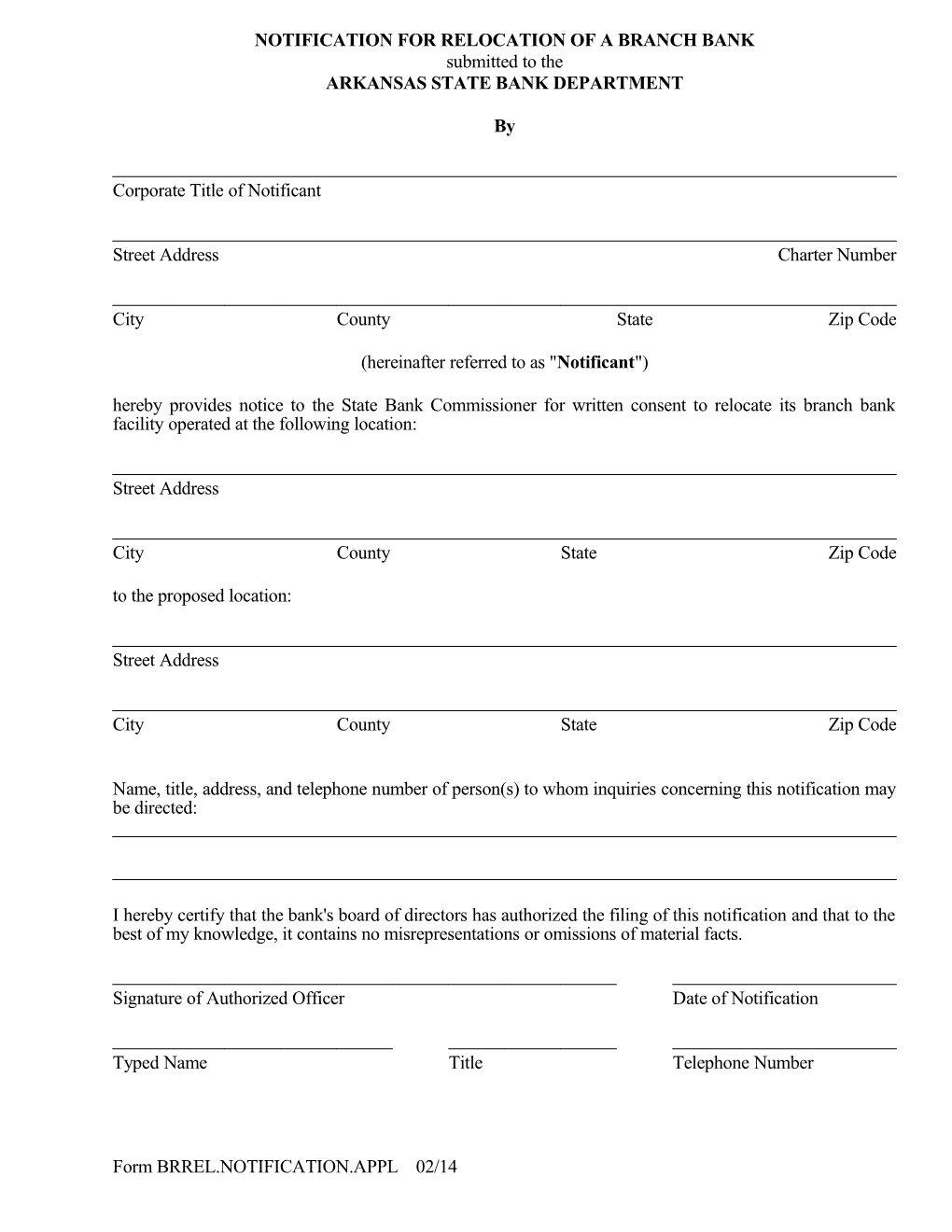 Application for Relocation of a Branch Bank