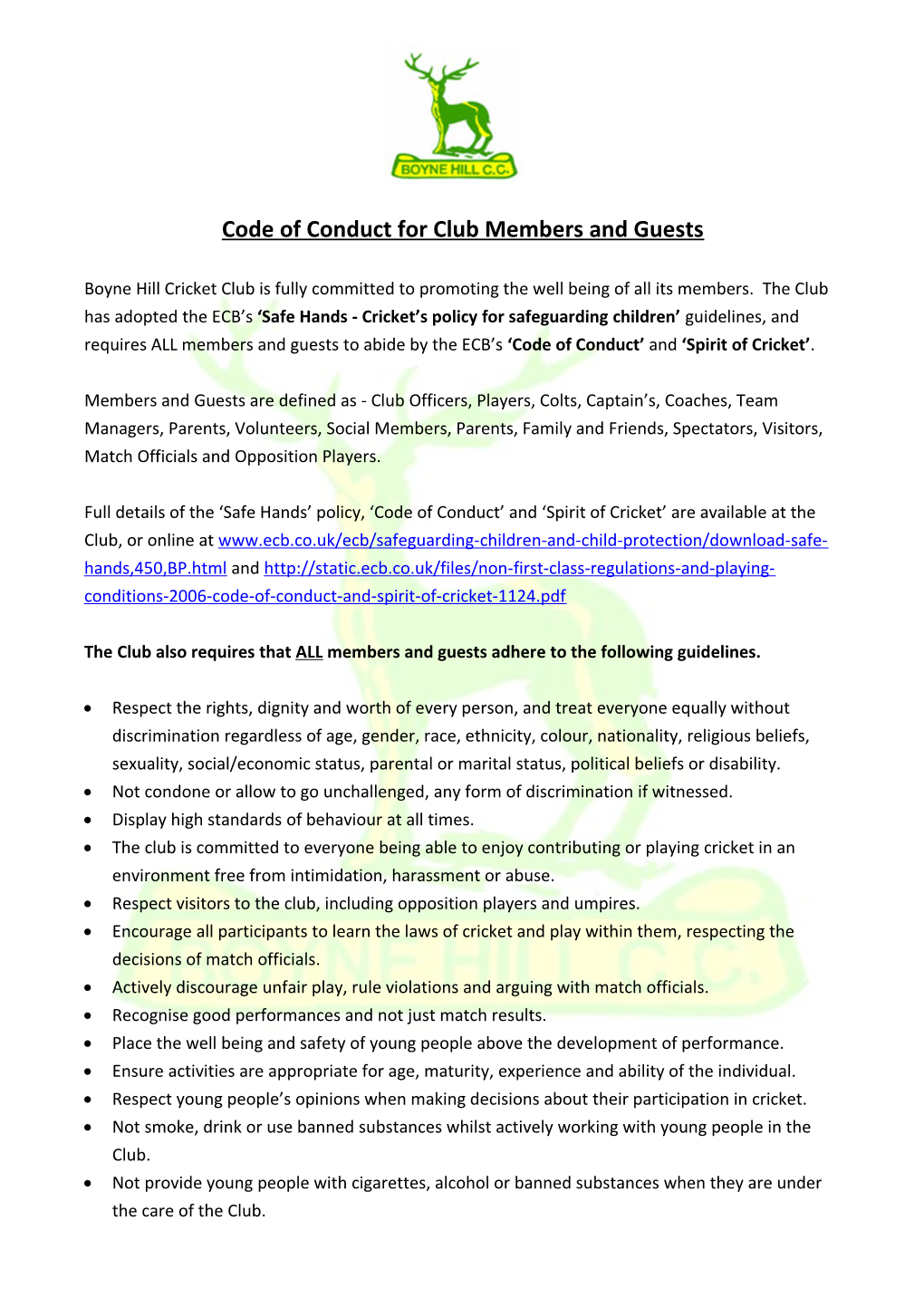 Windsor CC Members Code of Conduct