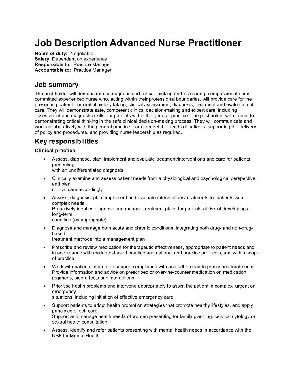 Job Description Advanced Nurse Practitioner