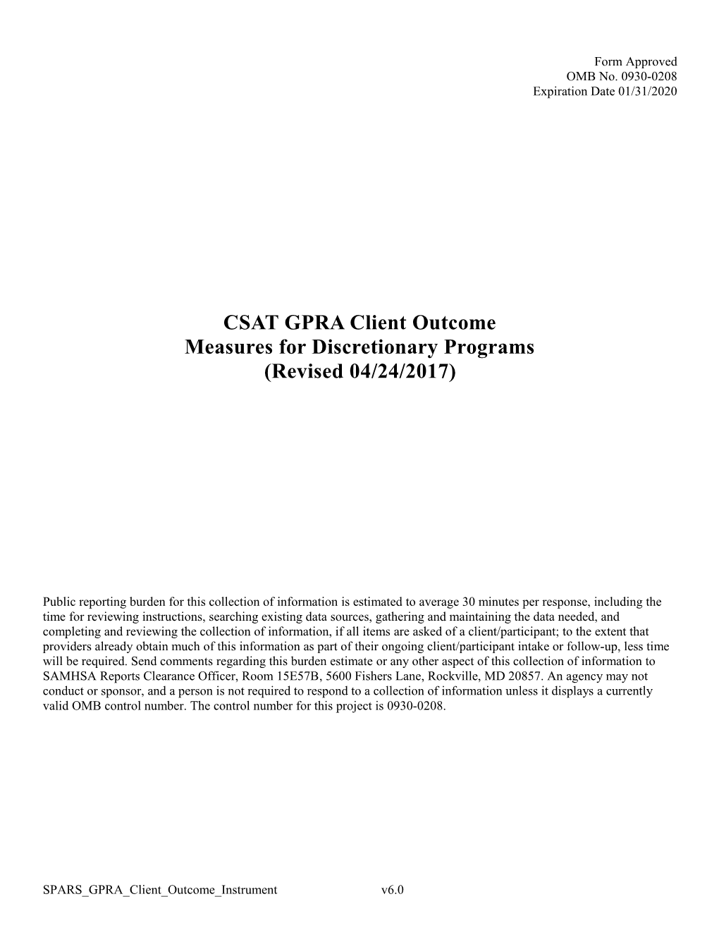 CSAT GPRA Client Outcome Measures for Discretionary Programs (Revised 04/24/2017)