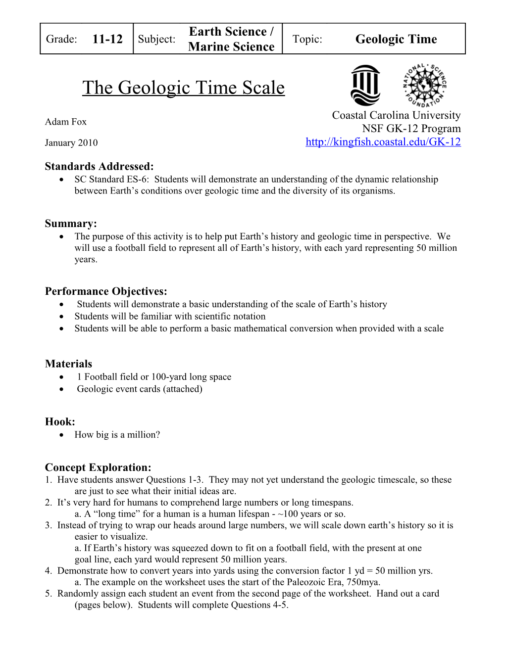 Students Will Demonstrate a Basic Understanding of the Scale of Earth S History