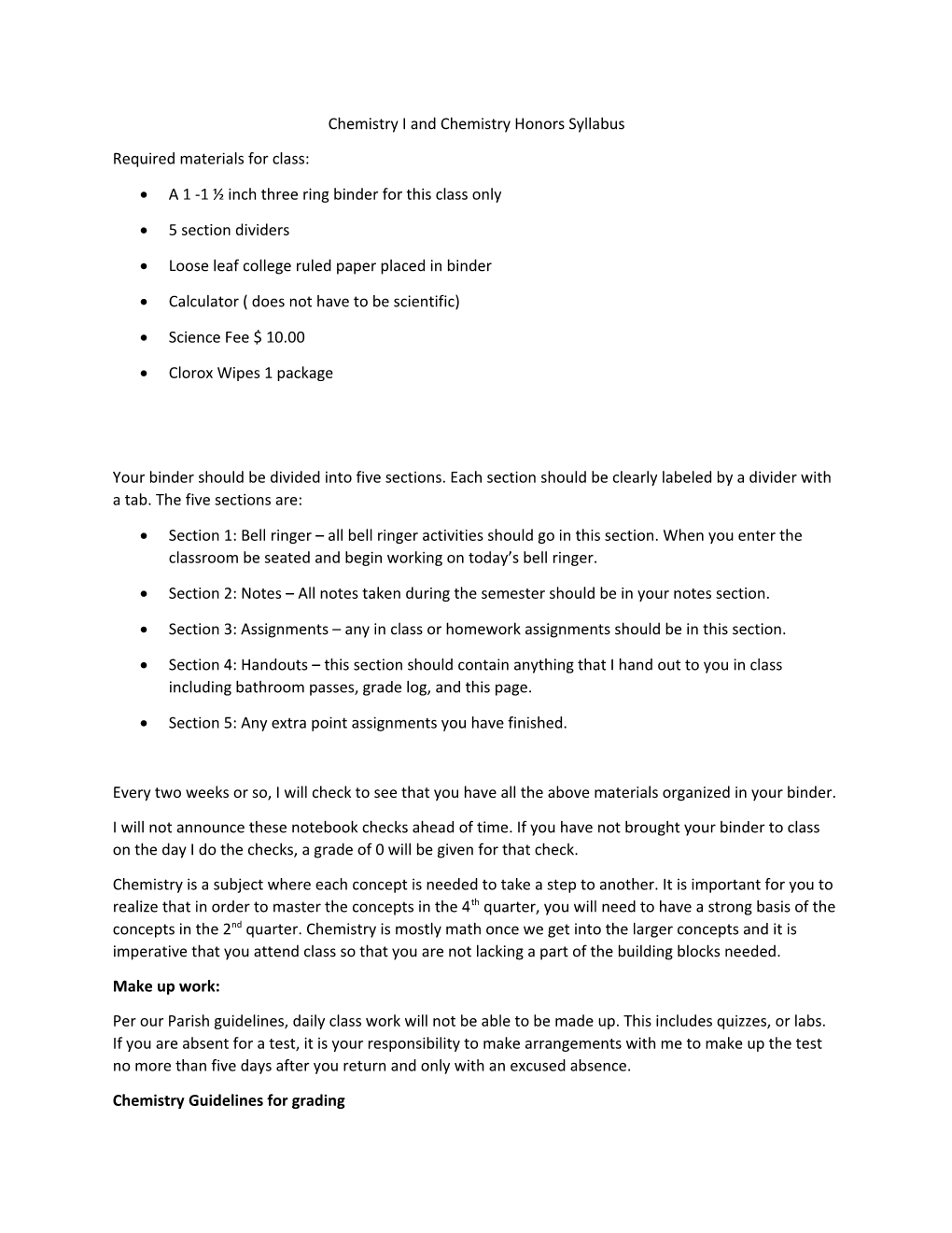 Chemistry I and Chemistry Honors Syllabus