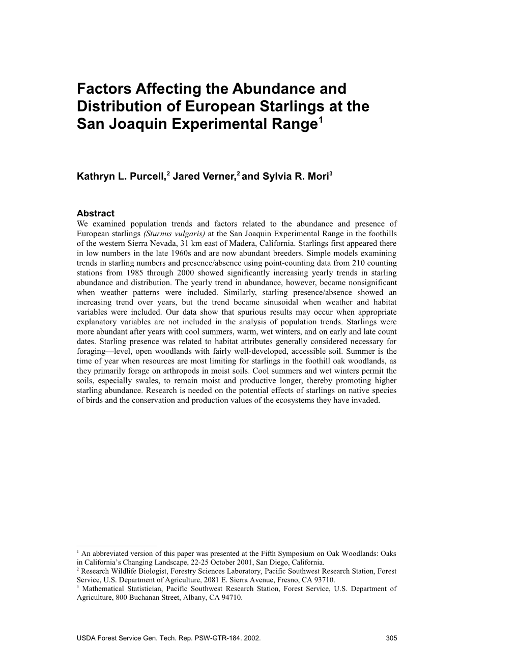 Abundance and Distribution of European Starlings Purcell, Verner, Andmori