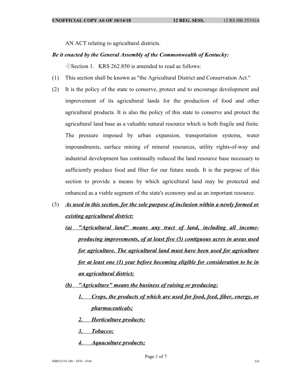 AN ACT Relating to Agricultural Districts