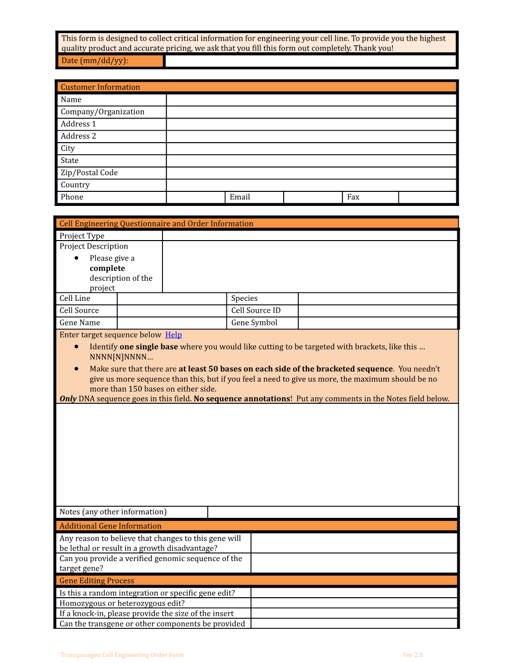 This Form Is Designed to Collect Critical Information for Engineering Your Cell Line