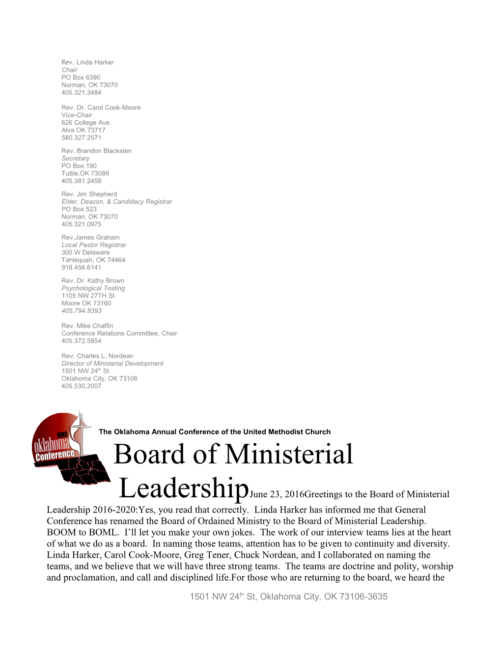 Greetings to the Board of Ministerial Leadership 2016-2020