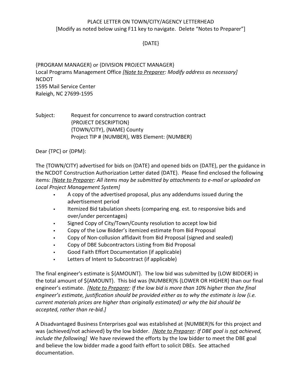 Letter from LGA Requesting NCDOT Concurrence with Construction Contractor