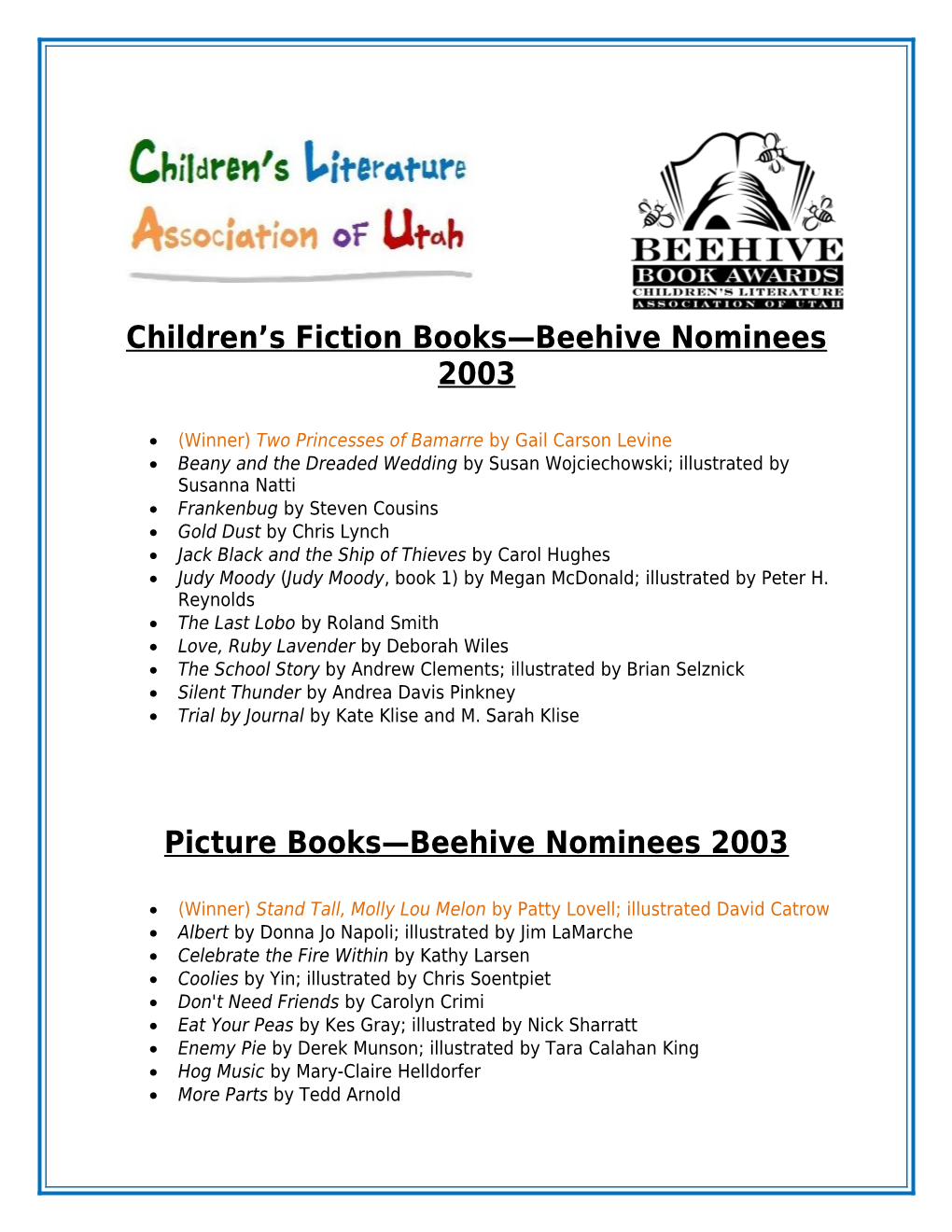 Children S Fiction Books Beehive Nominees 2003