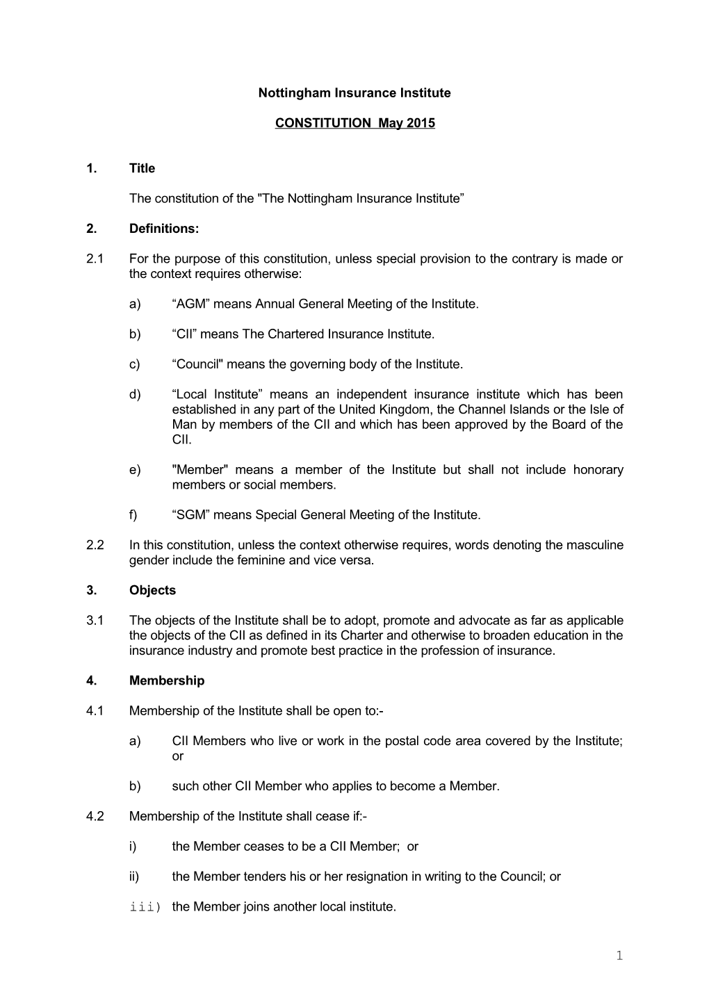 The Constitution of the the Nottingham Insurance Institute
