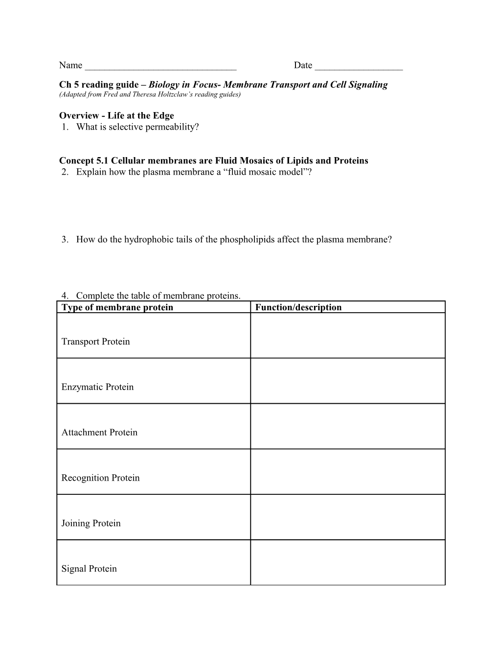 Ch 5 Reading Guide Biology in Focus- Membrane Transport and Cell Signaling