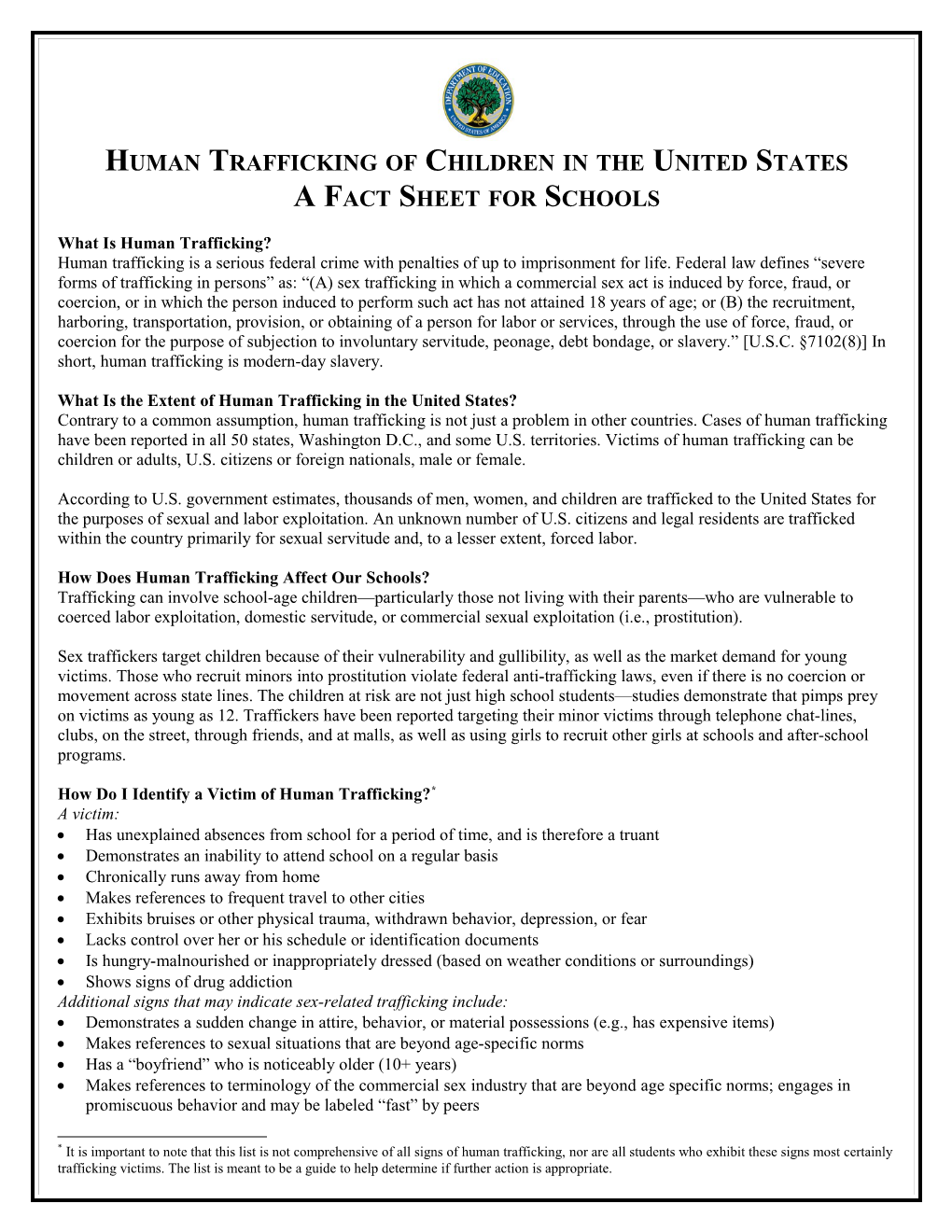 Human Trafficking of Children in the US a Fact Sheet for Schools (MS Word)
