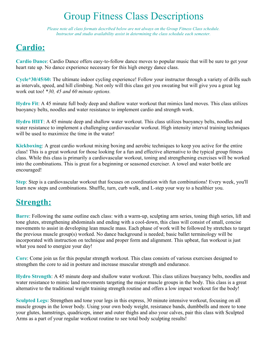 Group Fitness Class Descriptions