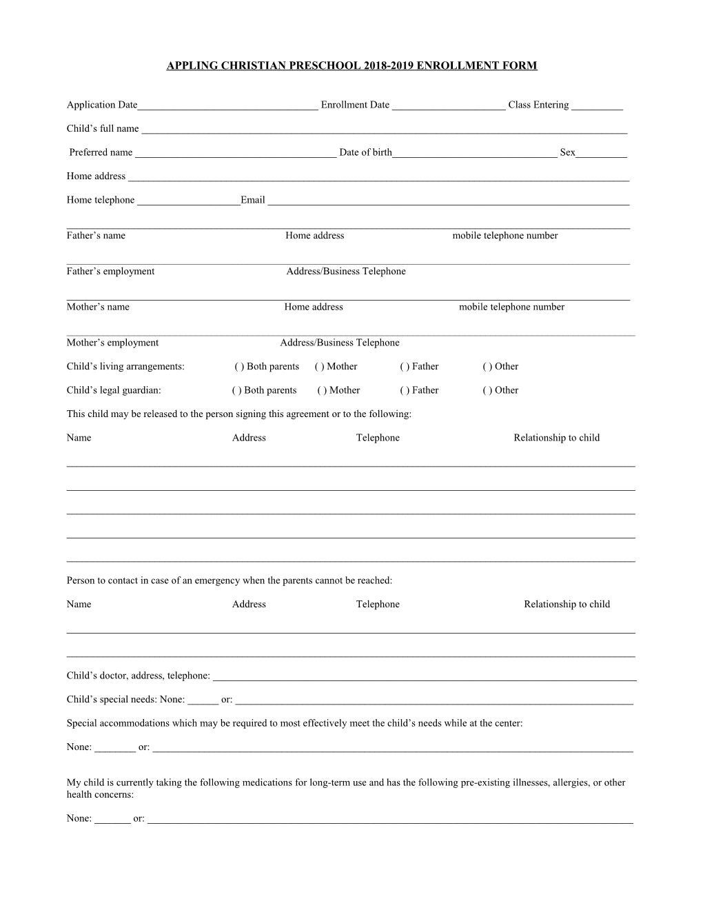 Appling Christian Preschool 2018-2019Enrollment Form