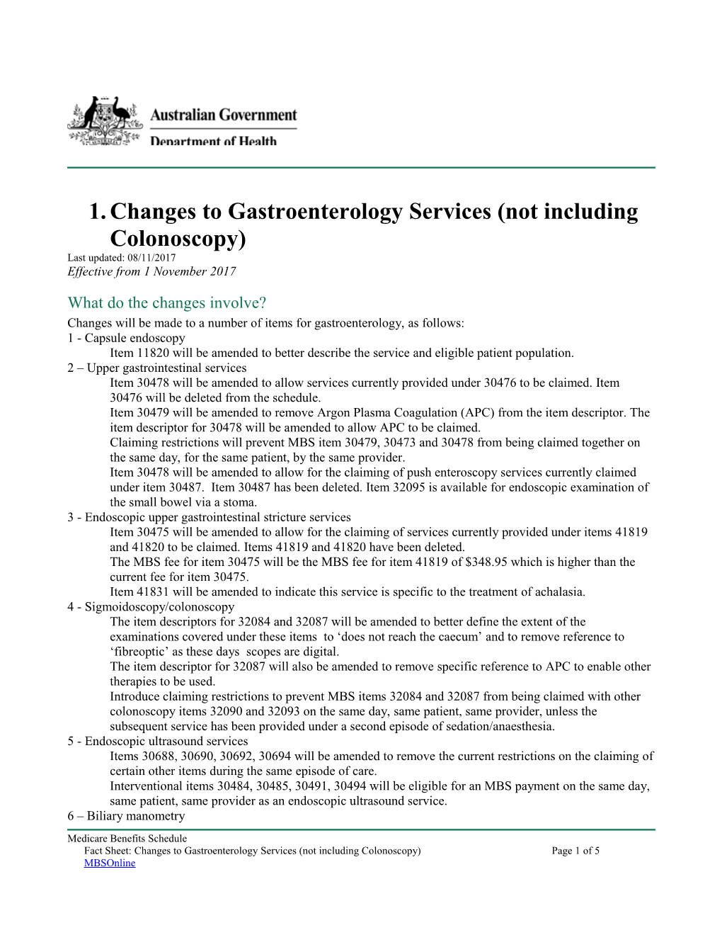Changes to Gastroenterology Services (Not Including Colonoscopy)