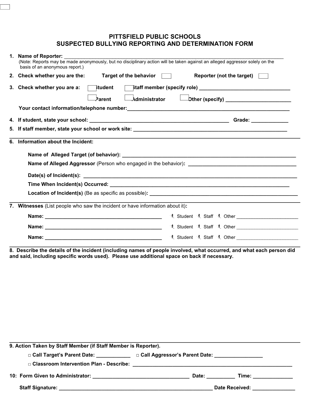 Sample Bullying Prevention and Intervention Incident Reporting Form