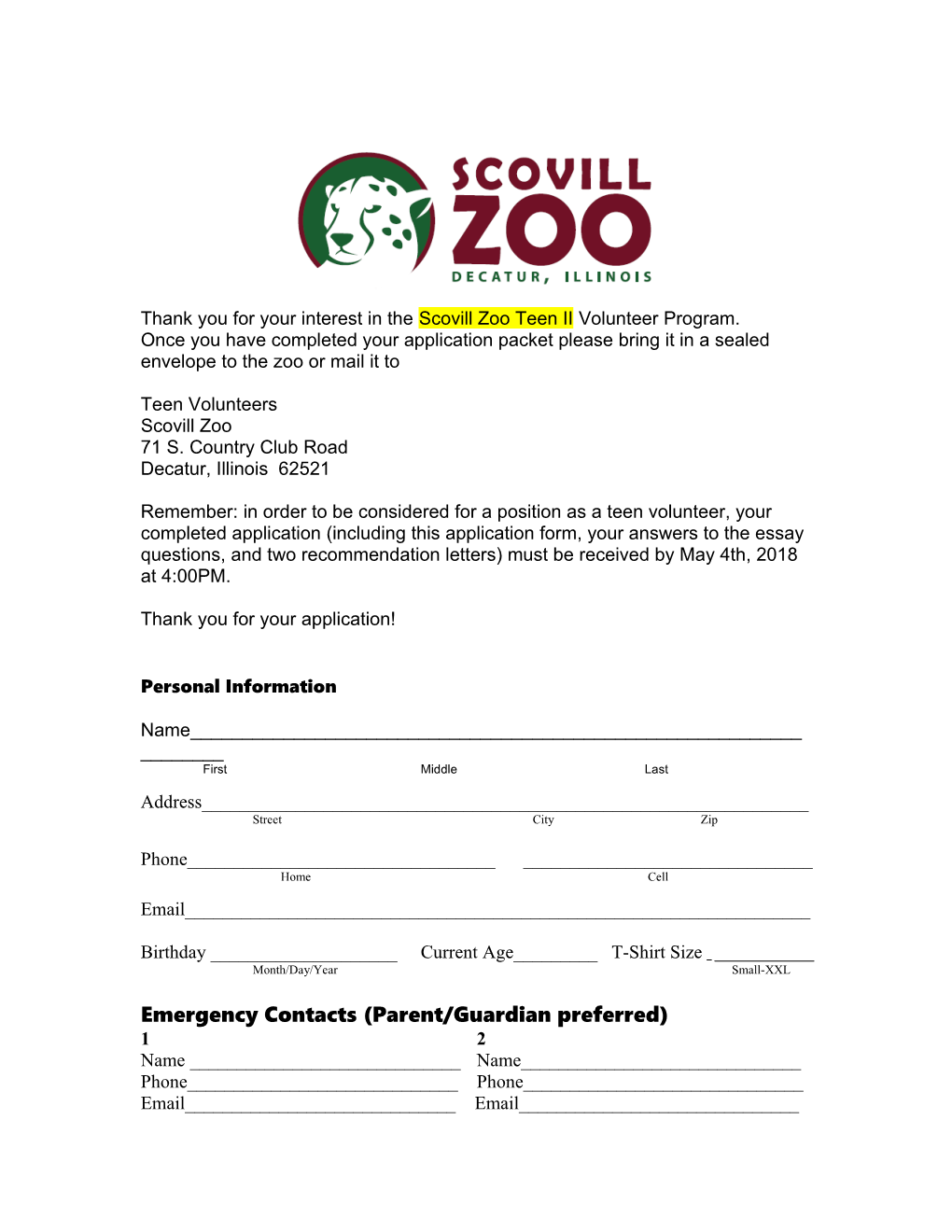 Thank You for Your Interest in the Scovill Zoo Teenii Volunteer Program