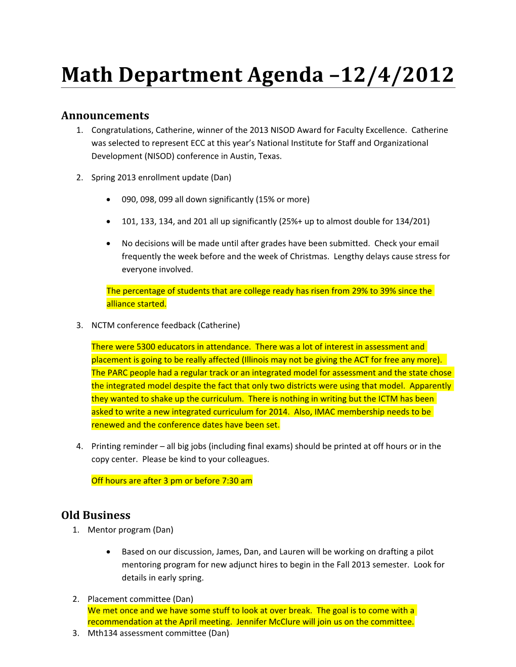 Math Department Agenda 12/4/2012