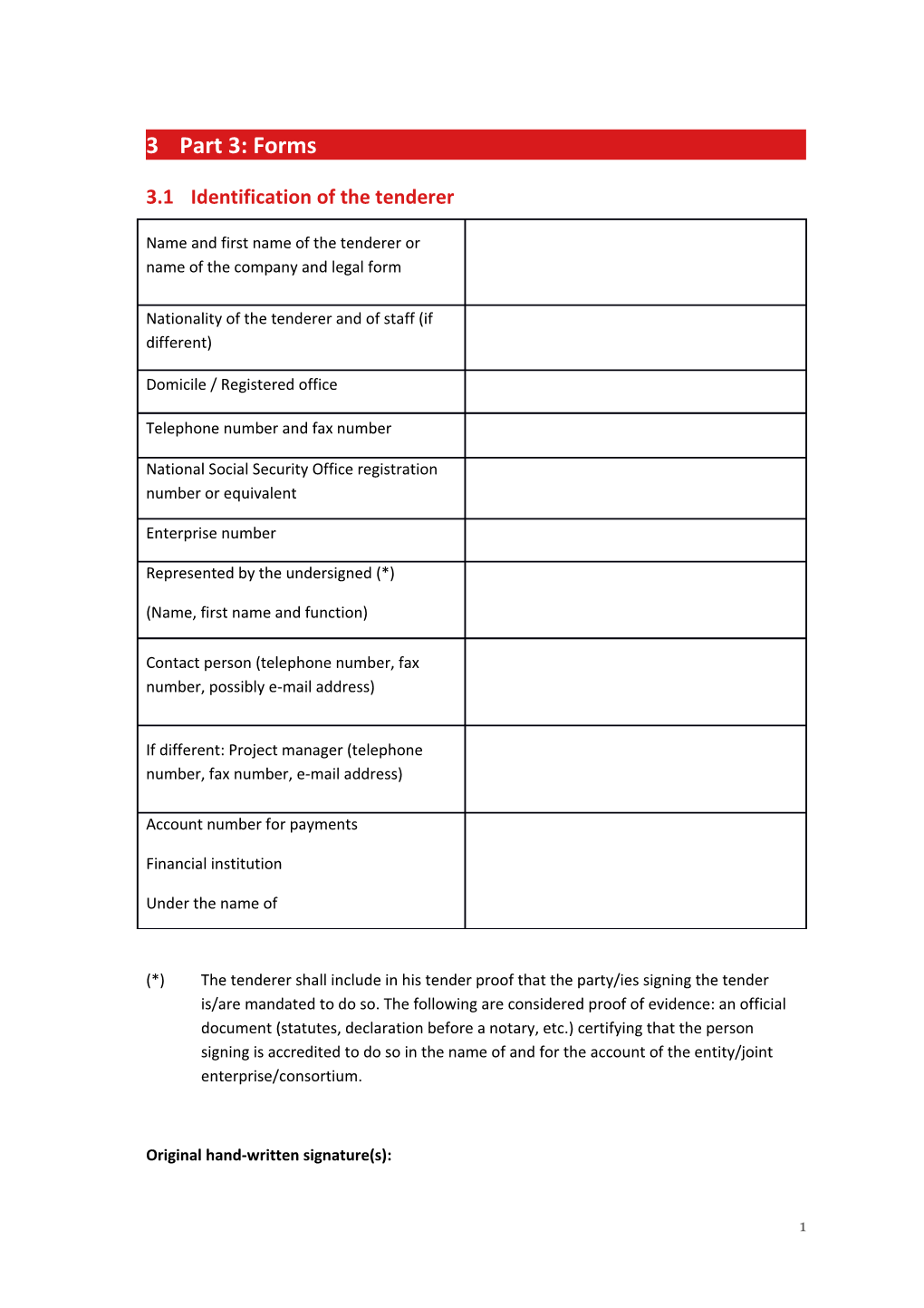 3.1Identification of the Tenderer