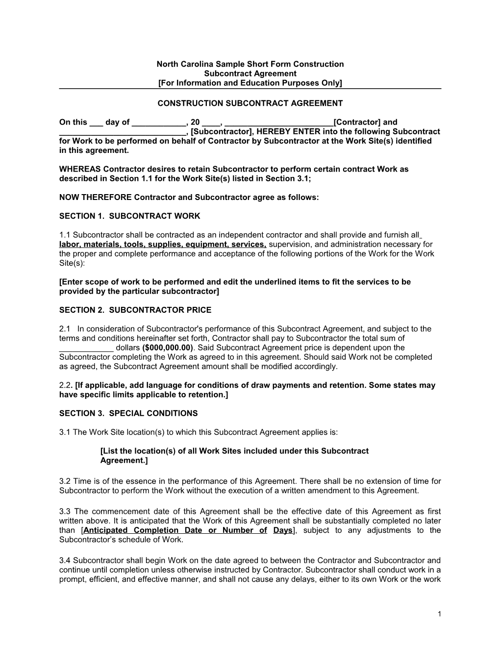 North Carolinasample Short Form Construction