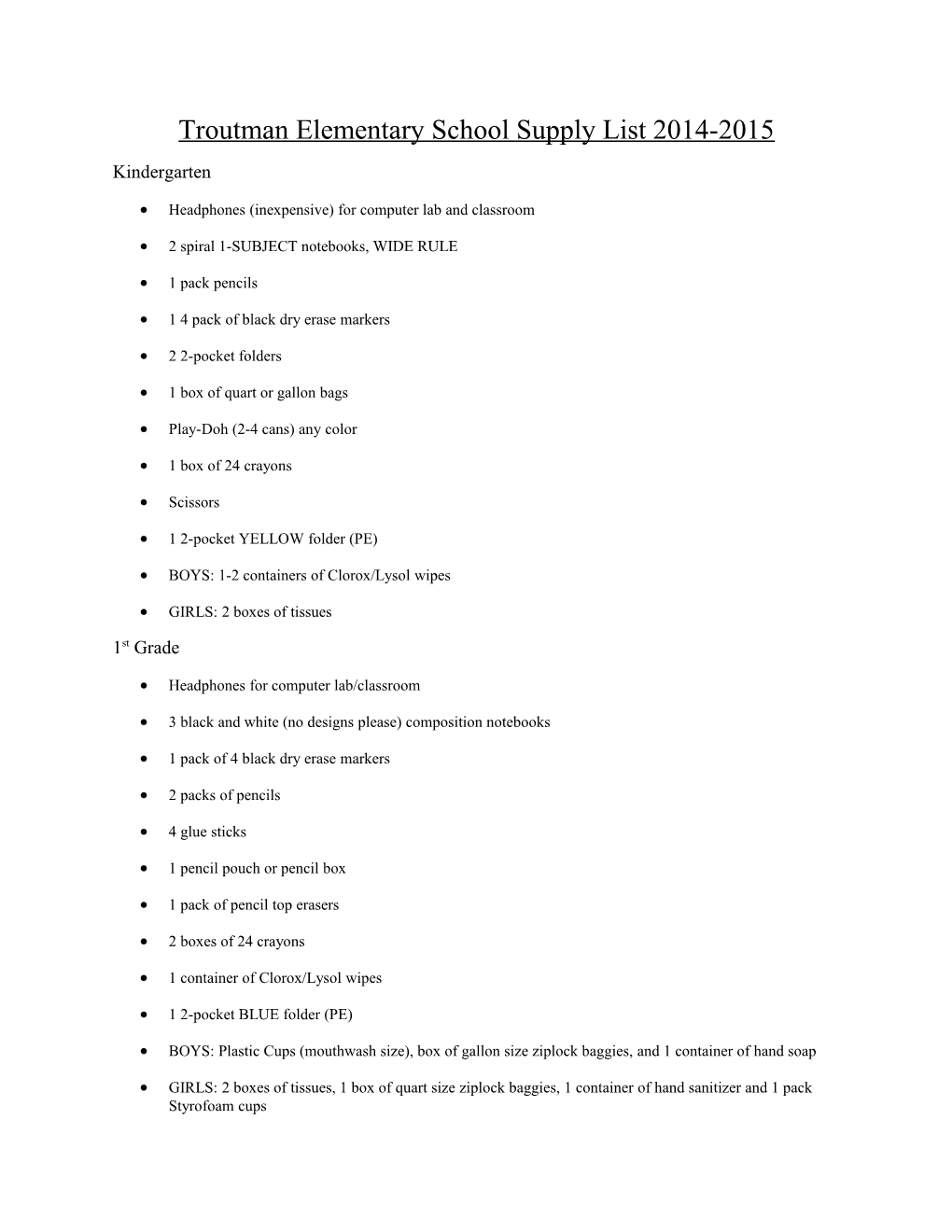 Troutman Elementary School Supply List 2014-2015