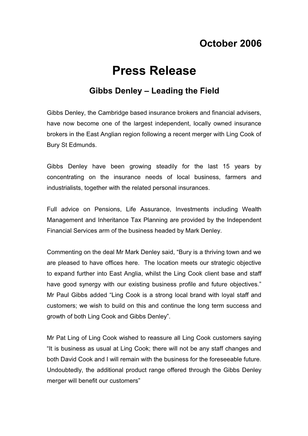 Gibbs Denley Draft Press Release
