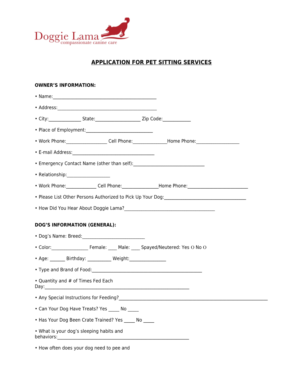 Application for Pet Sitting Services