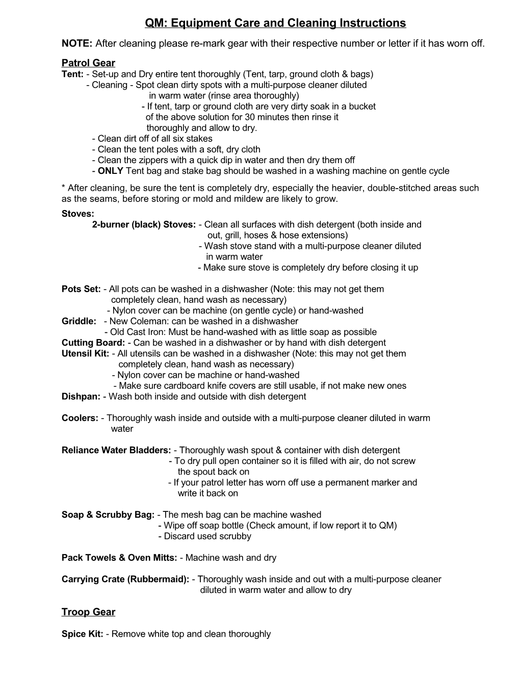 QM: Equipment Care and Cleaning Instructions