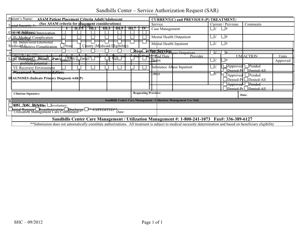 Sandhills Center Service Authorization Request (SAR)