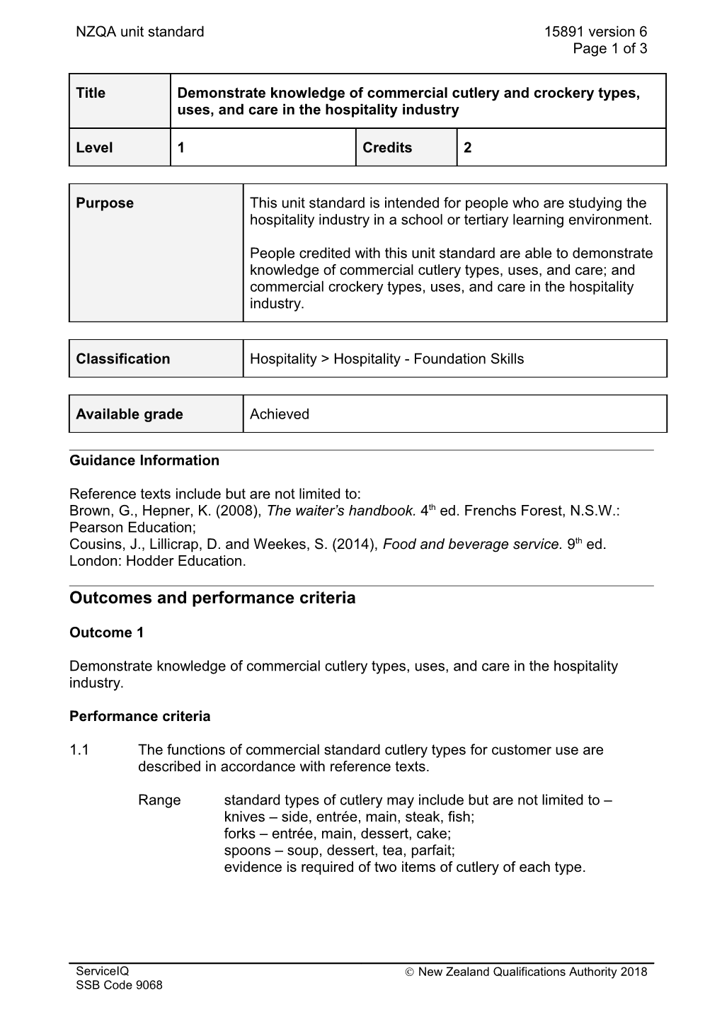 15891 Demonstrate Knowledge of Commercial Cutlery and Crockery Types, Uses, and Care In