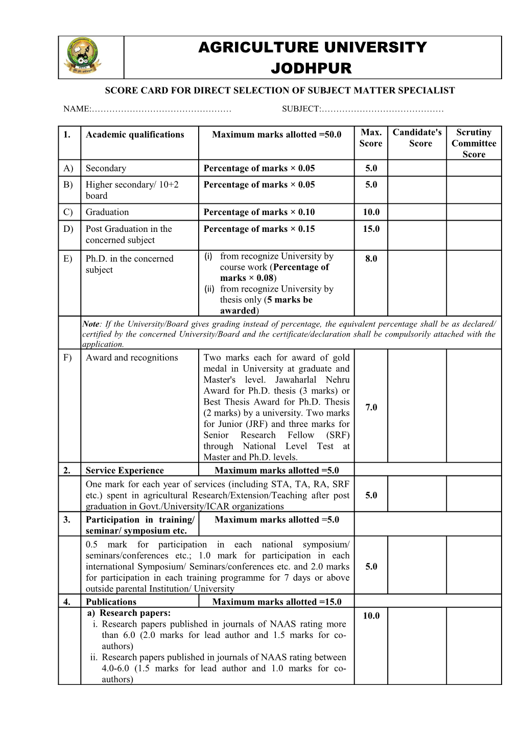 Score Card for Direct Selection of Subject Matter Specialist