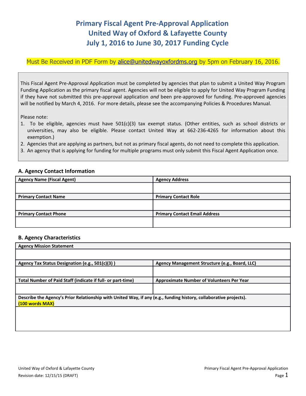 Primary Fiscal Agent Pre-Approval Application United Way of Oxfordlafayette County July