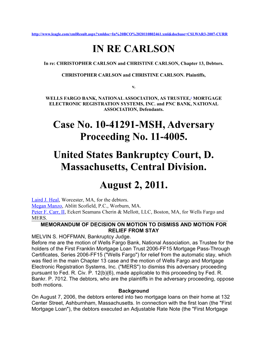 In Re: CHRISTOPHER CARLSON and CHRISTINE CARLSON, Chapter 13, Debtors